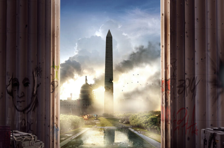 The Division 2 key art showing three agents overlooking the US Capitol and the National Mall in Washington, D.C.