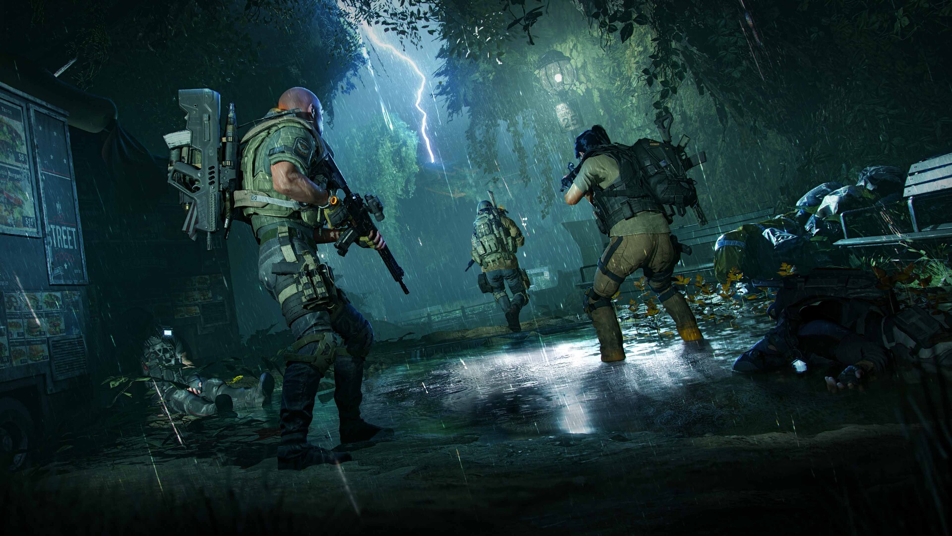 Division agents advancing through a flooded street during a lightning storm in The Division 2