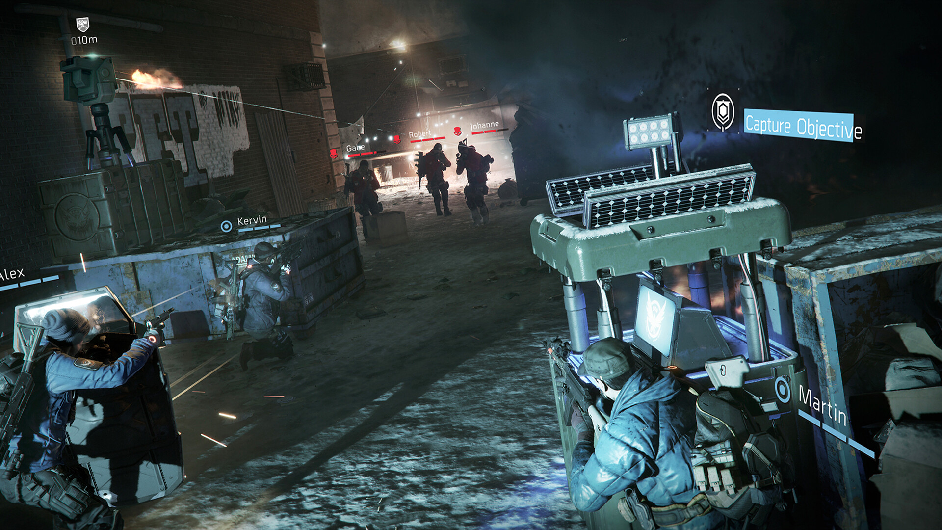 Agents fighting to capture an objective in the Dark Zone in the original The Division