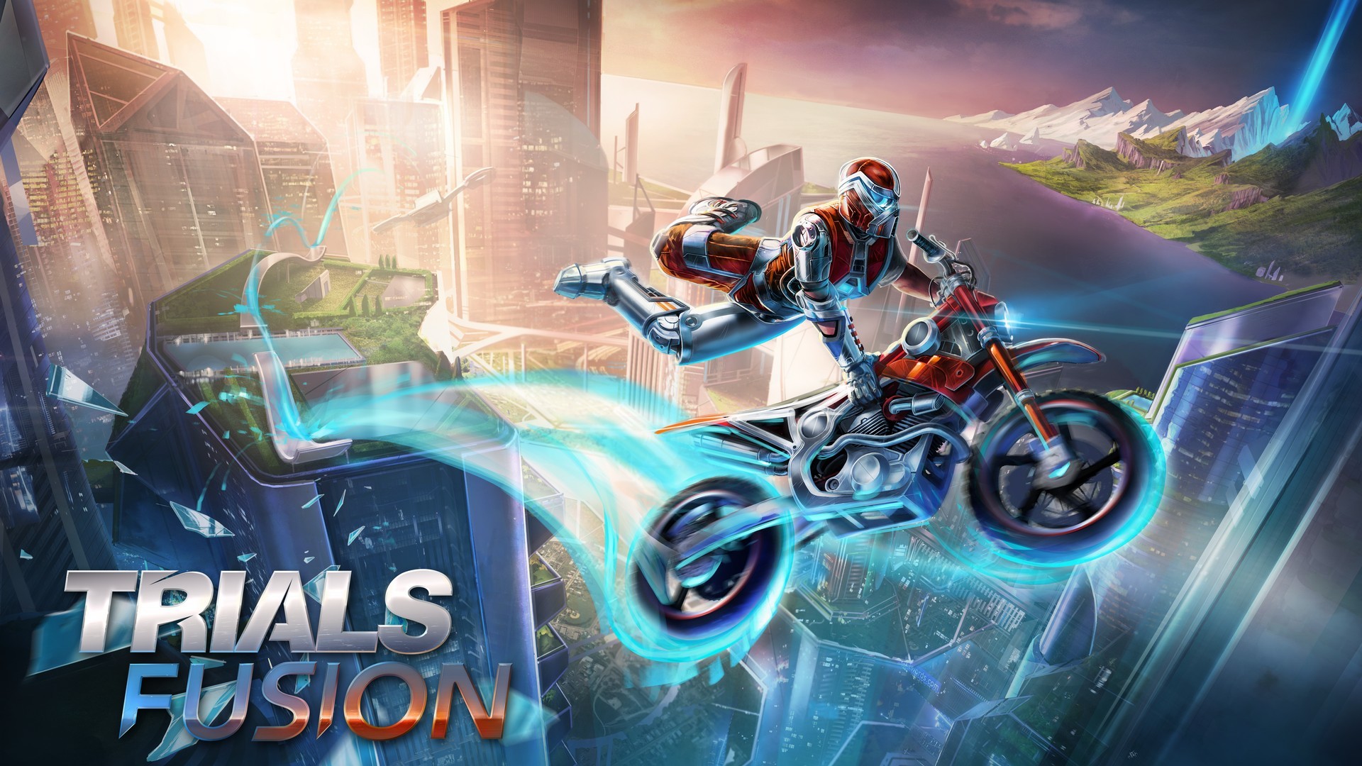 Trials Fusion key art showing a motorcycle rider performing a stunt under the Trials Fusion logo