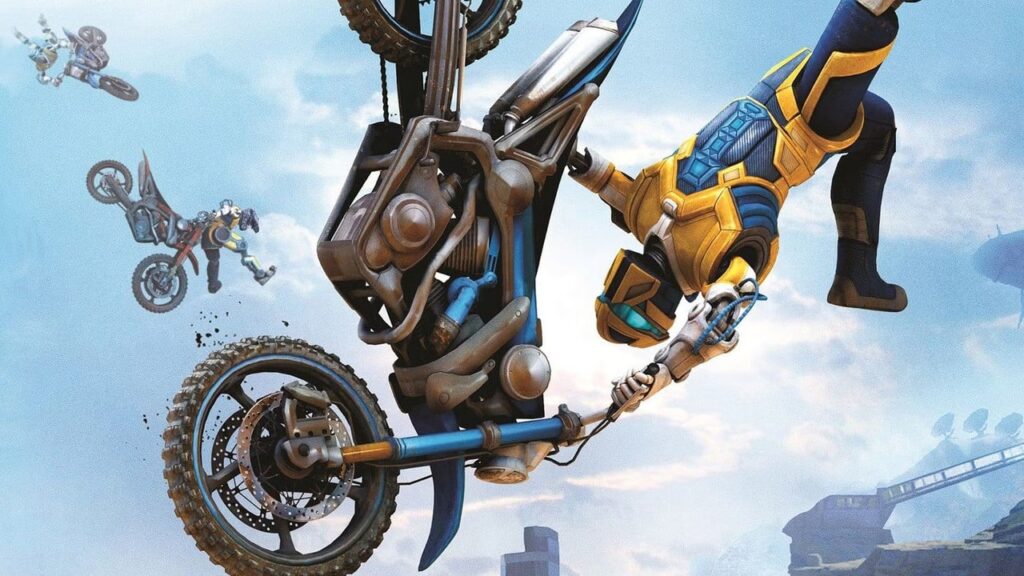 Trials Rising key art showing motorcycle riders performing stunts mid-air