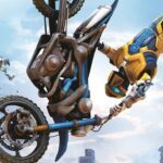 Trials Rising key art showing motorcycle riders performing stunts mid-air