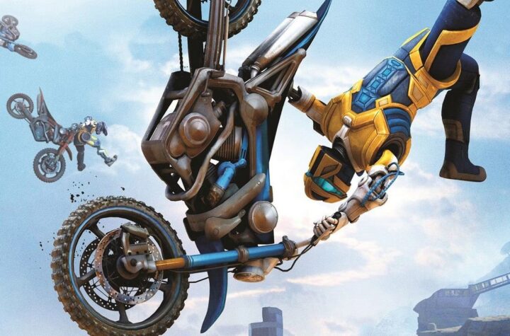 Trials Rising key art showing motorcycle riders performing stunts mid-air
