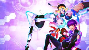 Villion: Code key art — the main cast of students by artist Ilya Kuvshinov against a purple DNA-themed background