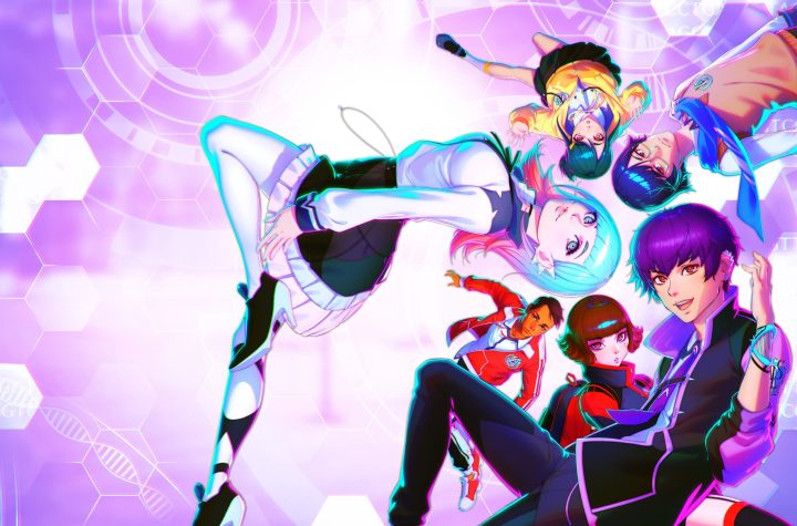 Villion: Code key art — the main cast of students by artist Ilya Kuvshinov against a purple DNA-themed background