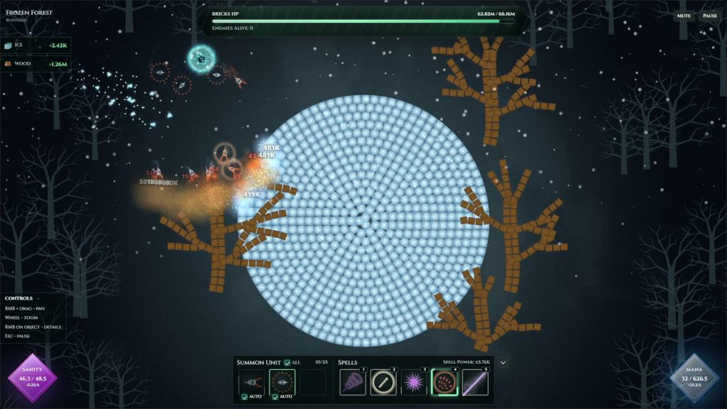 Void Eaters gameplay screenshot showing a creature army dismantling a brick-built Frozen Forest map