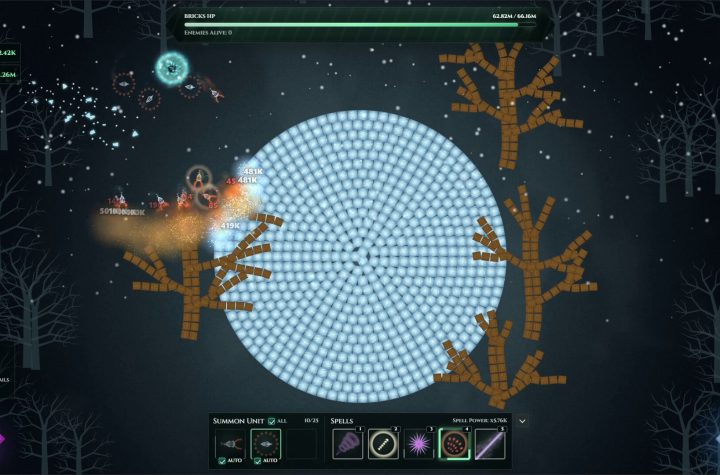 Void Eaters gameplay screenshot showing a creature army dismantling a brick-built Frozen Forest map