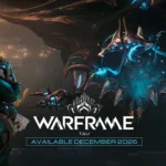 Warframe Tau key art — Brysko holding playing cards faces a towering Sentient as the Warframe Tau logo reads Available December 2026