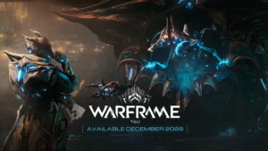Warframe Tau key art — Brysko holding playing cards faces a towering Sentient as the Warframe Tau logo reads Available December 2026