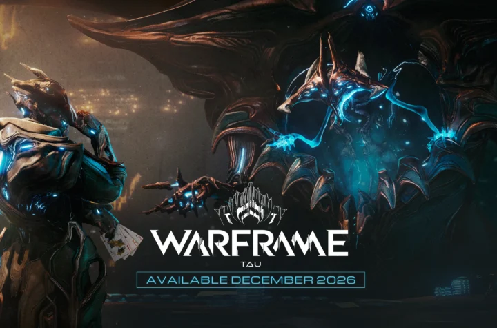 Warframe Tau key art — Brysko holding playing cards faces a towering Sentient as the Warframe Tau logo reads Available December 2026