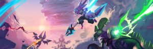 Windblown official key art — the axolotl Leaper dashing through the Vortex with allies