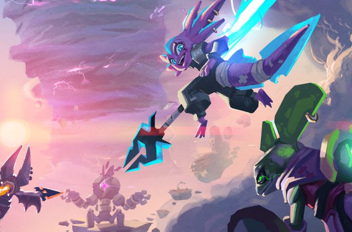 Windblown official key art — the axolotl Leaper dashing through the Vortex with allies