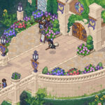 Witchbrook gameplay — a young witch rides a broom outside Witchbrook College