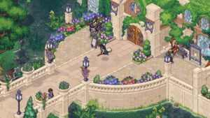 Witchbrook gameplay — a young witch rides a broom outside Witchbrook College