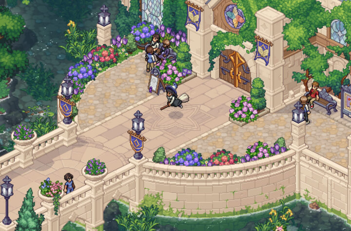 Witchbrook gameplay — a young witch rides a broom outside Witchbrook College