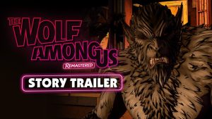 The Wolf Among Us Remastered key art — Bigby Wolf in his redesigned full werewolf form with glowing red eyes