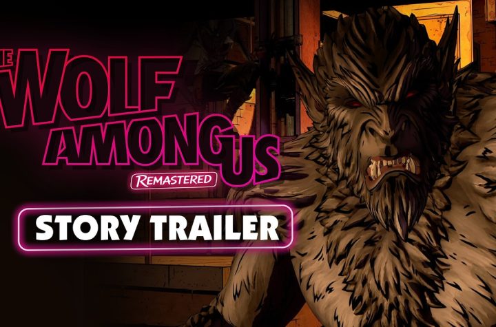The Wolf Among Us Remastered key art — Bigby Wolf in his redesigned full werewolf form with glowing red eyes